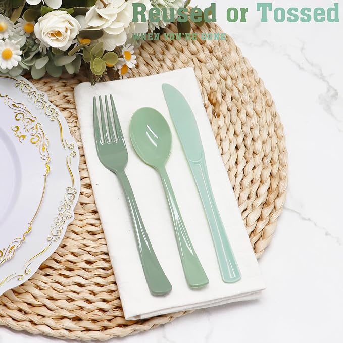 180 PCS Gradient Sage Green Plastic Silverware Heavy Duty Sage Green Cutlery Disposable Set Include 60 Forks, 60 Knives, 60 Spoons for Birthday, Baby Shower, Wedding