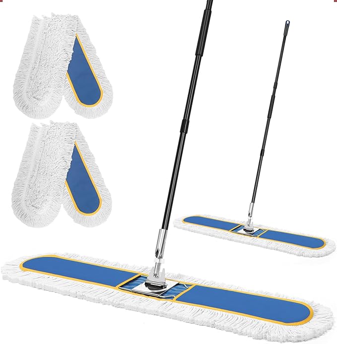 CLDREAM 48" Large Commercial Industrial Dust Mop for Floor Cleaning | 2 Washable Cotton Mops Pads/Wet Dry Floor Duster Broom for Hardwood Floors Marble Laminate Tile Concrete Garage/Blue