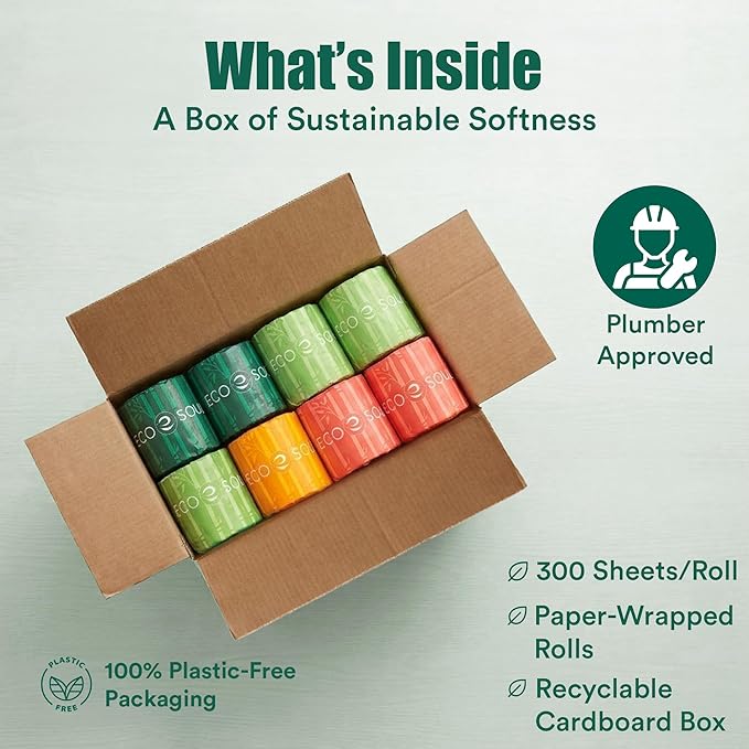 Eco Soul Premium Bamboo Toilet Paper 3 Ply | 12 Mega Rolls | 300 Sheets Each | FSC Certified Hypoallergenic, Textured & Skin-Friendly Septic-Safe Soft Bathroom Tissue Eco-Friendly Chemical & Dye Free