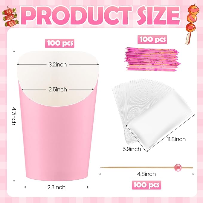 Bokon 100 Set 14 oz Charcuterie Cup with Stick and Bag, Disposable French Fries Snack Popcorn Dessert Fruit Holder for Birthday Wedding Graduation Party Supplies(Pink)
