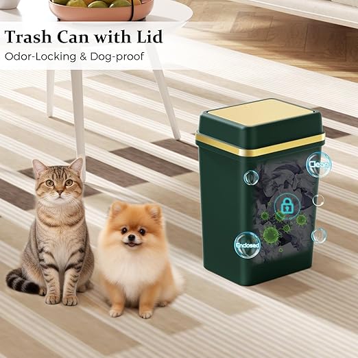 Bathroom Trash Can with Lid 4 Gallon Dark Green Trash Can with Press Top Lid Bedroom Trash Can Small Garbage Can with 150 Counts Trash Bags for Small Bathroom Bedroom Office