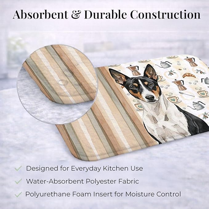 Caroline's Treasures Black and White Basenji Coffee Bar Dish Drying Mat Absorbent Dish Drying Mat Pad for Kitchen Counter Dish Drainer Mat for Countertop, 14 x 21", Multicolor
