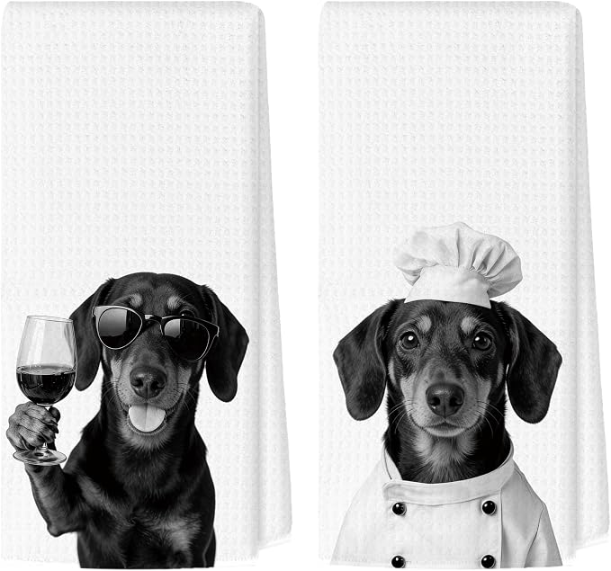 Funny Dachshund Kitchen Towels Set of 2, Dog Kitchen Bar Accessories, Dog Chef Gifts for Women Decorative Hand Towels for Kitchen Decor, Dachshund Lovers Dish Tea Towel, 16x24 Inch