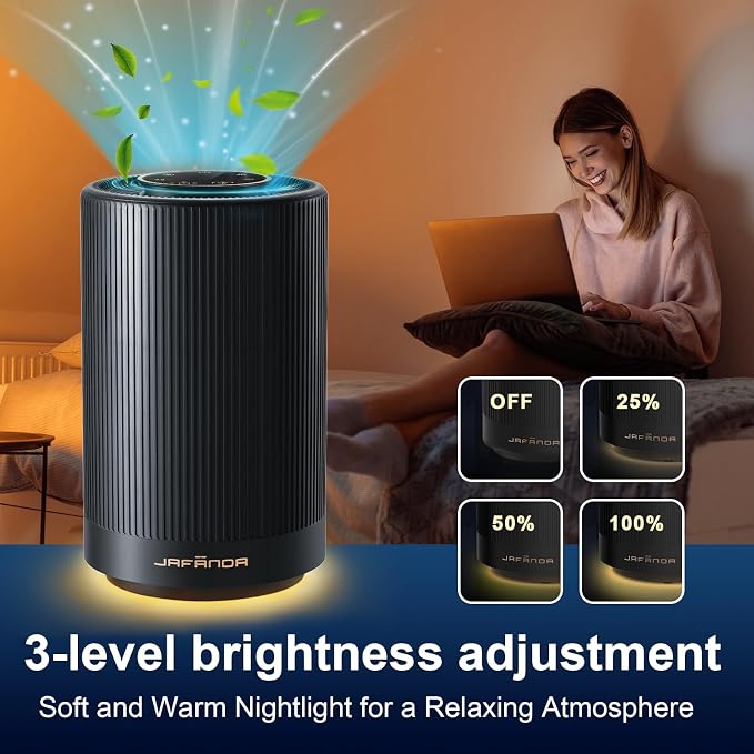 Small Air Purifiers for Home Bedroom Coverage 450 sqft, 22 dB Quiet Air cleaner with Brushless Motor, for 99.97% Dust Smoke Odor Pollen Pets Hair Dander, Night Light, JF100 Black