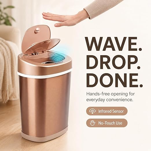 Motion Sensor Trash Can, 15L Touchless Automatic Garbage Can with Lid, Stainless Steel for Kitchen, Bathroom, Office, Quiet Soft-Close, Long Battery Life, Champagne Gold