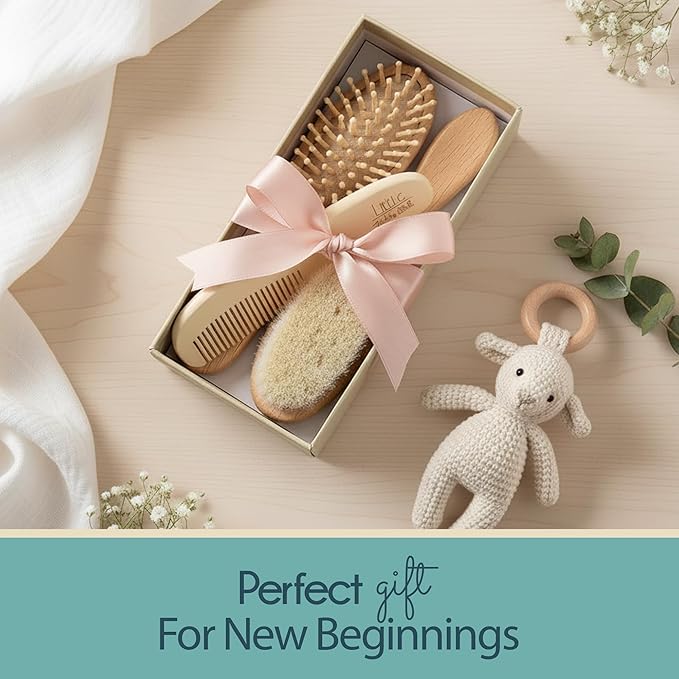Baby Hair Brush and Comb Set for Newborn Wooden 4 Piece Soft Goat Hair Bristles, and Comb Set for Newborn Girl Boy and Toddler Soft Cradle Cap New Born Infant Hair Brushes Perfect Baby Registry Gift
