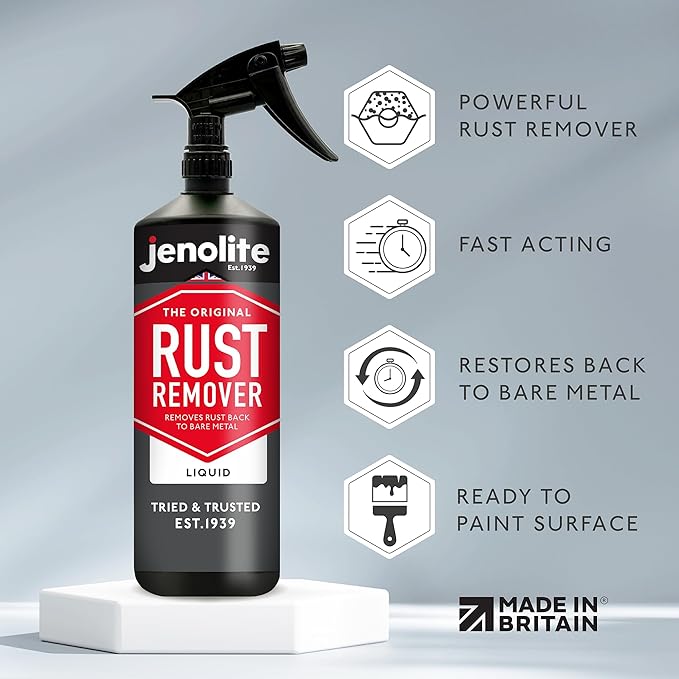 JENOLITE Rust Remover Trigger Spray for Metal 1 L (33.8 fl oz). Fast‑Acting Liquid Restores Bare Metal. Industrial Strength No‑Drip Spray Removes Rust & Oxide Films. Made in Britain