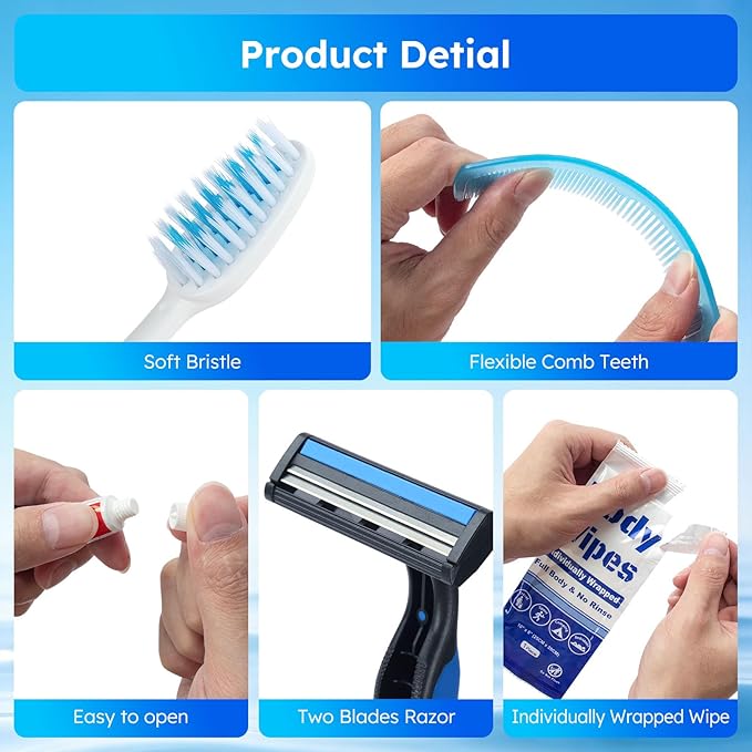 Travel Hygiene Kit Personal Toiletries Bulk, Disposable Homeless Care Package Supplies, Men Toiletry Set Cleaning Essentials Individually Wrapped for Camping, Travel, Relief, Charity (11-in-1, 50)