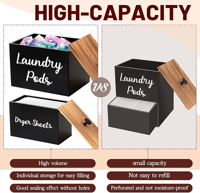 Dandat 3 Pcs Wood Laundry Pods Container Dryer Sheet Holder Dryer Sheets Holder Scent Booster Container Set with Scoop Rustic Laundry Room Beads Dispenser for Storage(Black)
