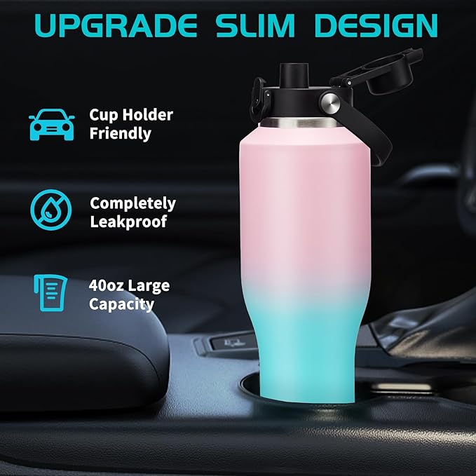 Insulated Water Bottle 40 oz - Keep Cold 48h & Hot 24h Vacuum Large Metal Insulated Tumbler Fits in The Car, Bike, Treadmill, Stroller, Golf Cart Cup Holder, Travel Coffee Mug