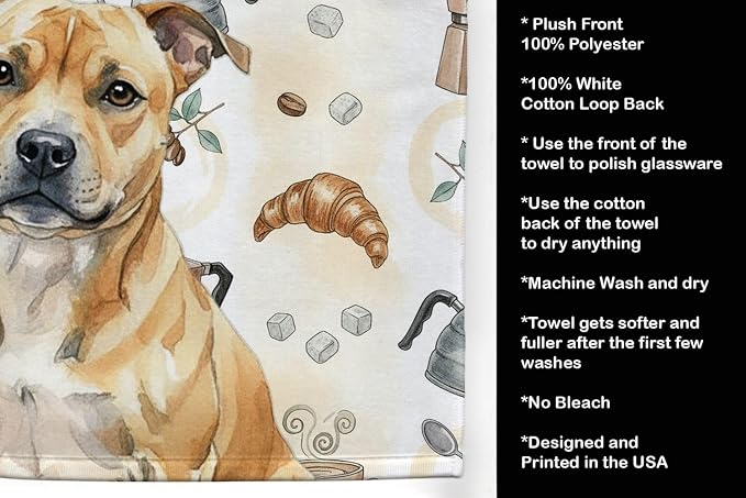 Caroline's Treasures Fawn Staffordshire Bull Terrier Coffee Bar Kitchen Towel Velour Plush Front and Cotton Loop Back Machine Washable