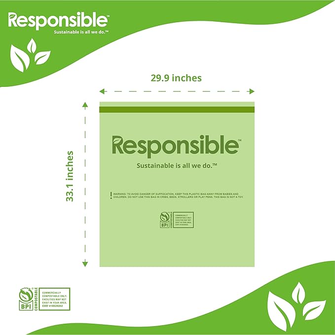 Responsible Products Kitchen Bin Liners, Certified Compostable, Heavy Duty Multipurpose Food Scrap Bags, Made from Compostable Materials (30 Gallon Drawstring, 30 Gallon (90 Count))