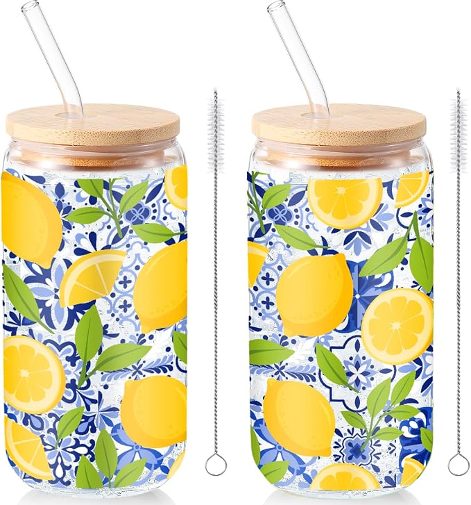 Sliner 2 Pcs Amalfi Lemon Glass Tumblers Capri Lemon Cups Drinkware 16 oz Drinking Glasses with Lid and Straw Mediterranean Decoupage Iced Coffee Cups Coast Holiday Gifts