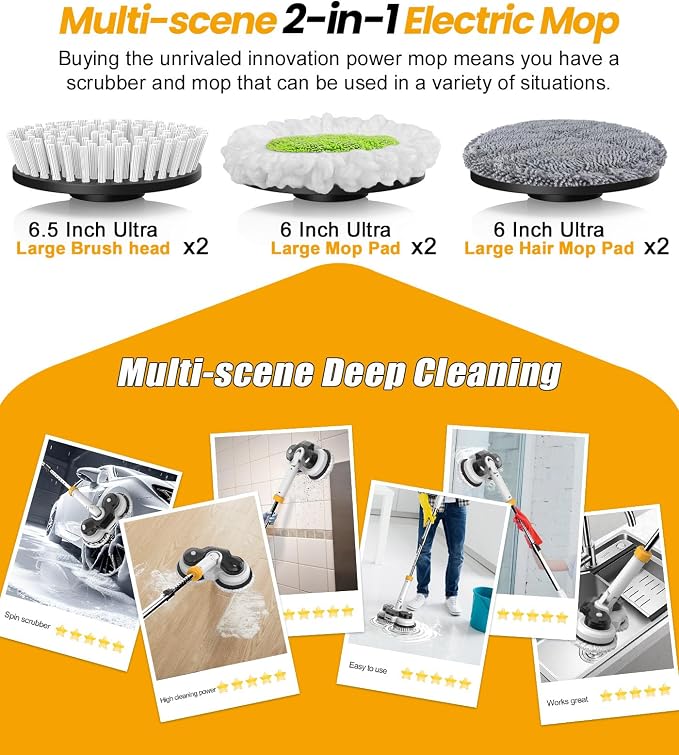 qimedo 800RPM Cordless Electric Mop, 6000mAh Battery Electric Power Scrubber & Mops for Floor Cleaning, Best Automatic Spin Mops with Smart Display,Rotating Mop with LED Light & Water Spray