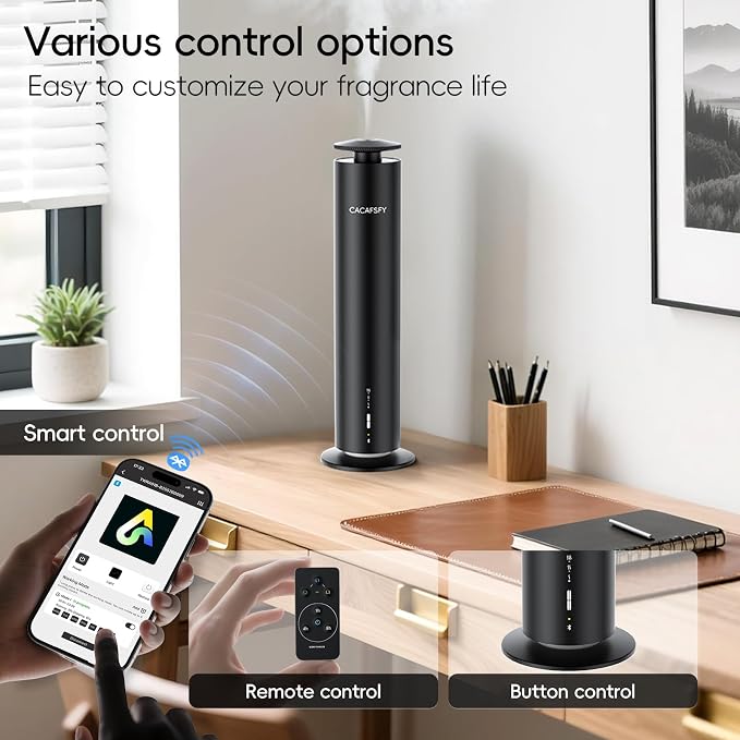 Waterless Essential Oil Diffuser for Large Room up to 1000 Sq Ft - Smart Hotel Scent Diffuser for Home with App, Remote & Timer, Whisper-Quiet Aluminum, Includes 2 x 120ml Oils