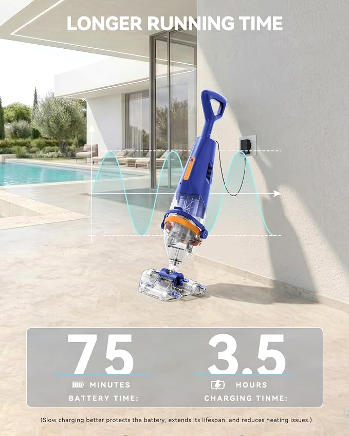 Great Shark Cordless Pool Vacuum with Remote Power Switch, 1.8m Telescopic Pole, 75 Min Runtime, 18 GPM Suction, Handheld Pool Vacuum for Above Ground & Inground Pools, Spa & Hot Tub