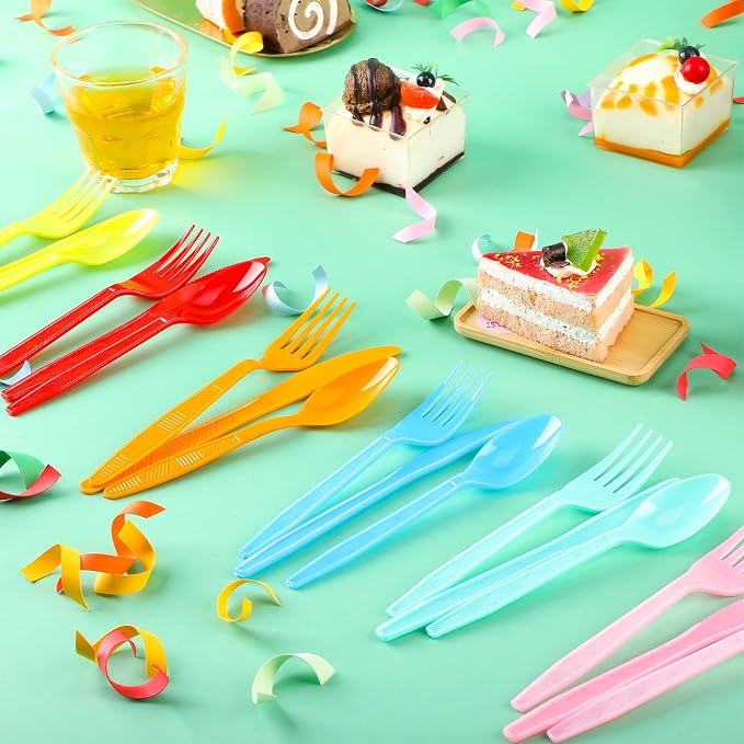 Hoolerry 180 Pcs Disposable Colorful Plastic Silverware Set Neon Party Rainbow Plastic Cutlery Utensils Bulk Includes Forks Spoons Knives for Parties Wedding Supplies Favors, 6 Colors