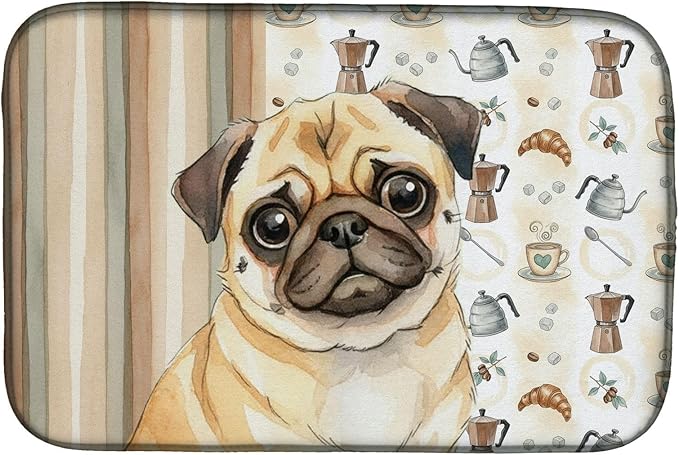 Caroline's Treasures Fawn Pug Coffee Bar Dish Drying Mat Absorbent Dish Drying Mat Pad for Kitchen Counter Dish Drainer Mat for Countertop, 14 x 21", Multicolor