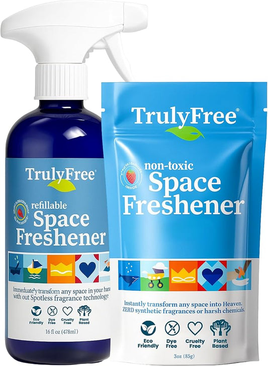 Truly Free Space Freshener Starter Kit, Lemongrass Essential Oil - Car and Air Fresheners for Home, Natural Odor Eliminator Room Spray, 12 oz Empty Bottle + One (3 oz) Fill - No Synthetic Fragrances