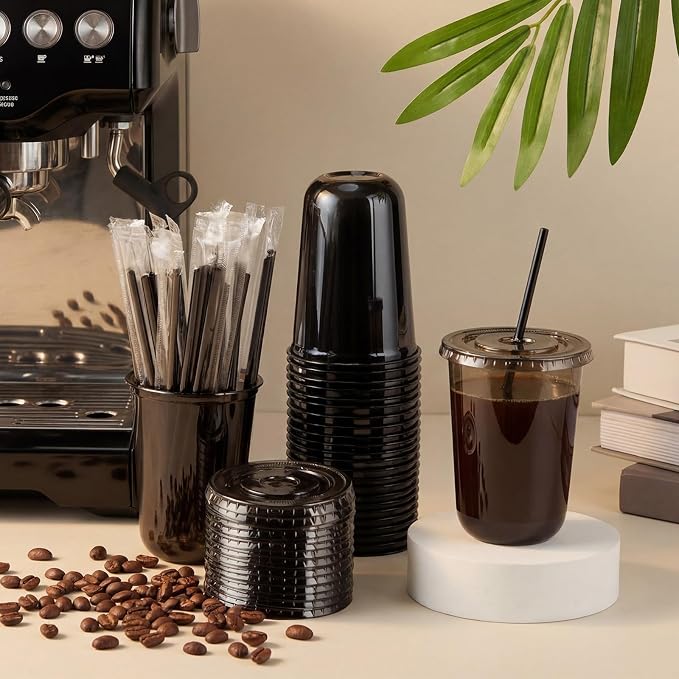 Ziliny 100 Set Black Plastic Cups with Lids and Straws, Disposable Iced Coffee PET Cups for Drinking Cold Beverage Juice Parfait Smoothie Milkshake Coffee Shops Party Supplies (16 oz)