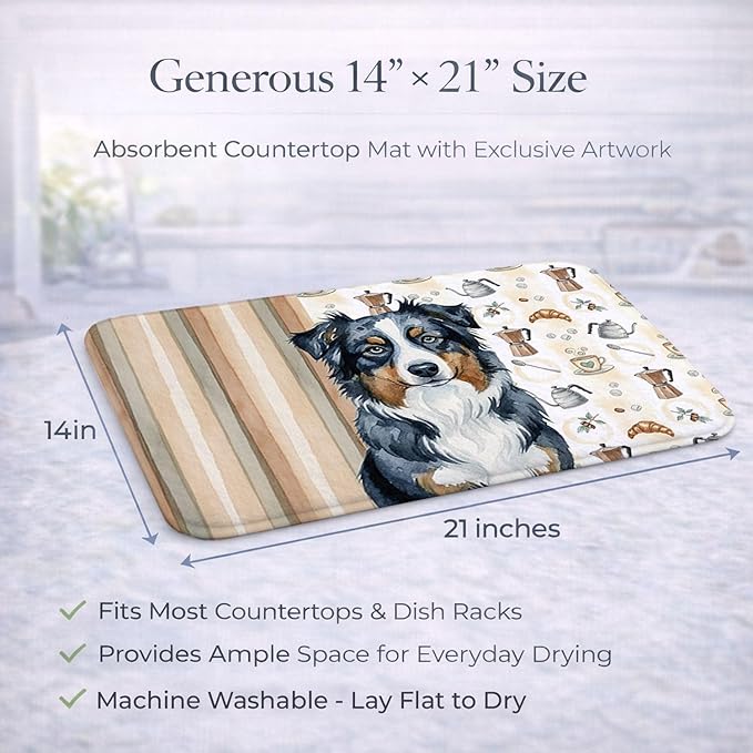 Caroline's Treasures Black Australian Shepherd Coffee Bar Dish Drying Mat Absorbent Dish Drying Mat Pad for Kitchen Counter Dish Drainer Mat for Countertop, 14 x 21", Multicolor