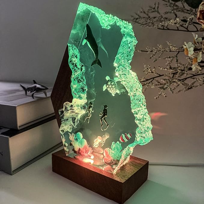 Shark Resin Lamp, Scuba Diving Resin Ocean Lamp,Handmade Shark Decor Bedside Nightlight with Wooden Base, RGB Mode,Unique Gifts for Valentine's Day, Mother's Day, Birhtday,Holiday (S 6"x4")