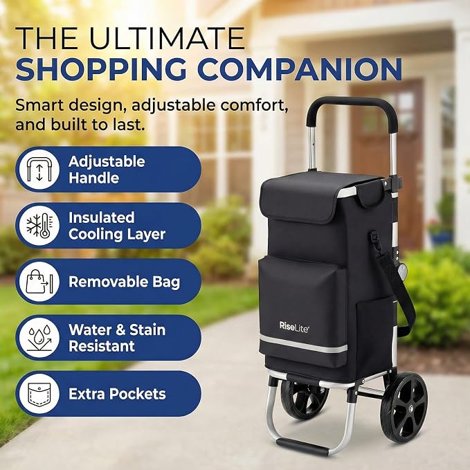 Foldable Shopping Cart with Wheels - Portable Grocery Cart on Wheels, Lightweight & Durable Cart for Groceries with Insulated Cooler, Adjustable Handle, 110 Lbs