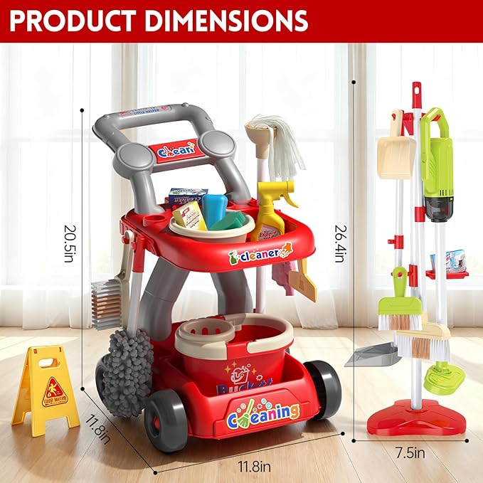 Kids Cleaning Toy Set, Educational Pretend Play Cart with 29 Pcs, Detachable Housekeeping Tools for Toddlers