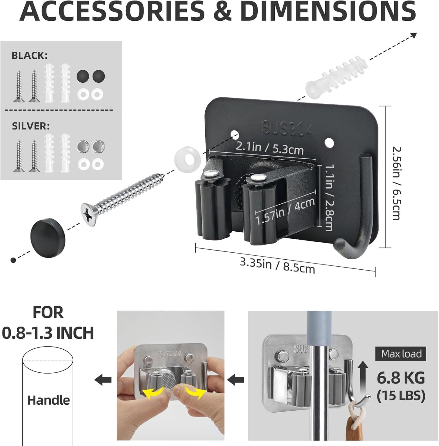 Broom Holder Wall Mount with Screws (4 Pack) Broom and Mop Organizer Wall Hanging, Anti-Slip Mop Holder Broom Hanger with Hooks, Stainless Steel Tool Rack for Garden Garage Organization