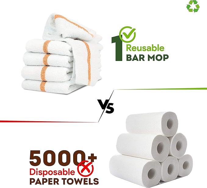 Bar Mops Gold Stripe Pack of 60 Kitchen Towels 16x19 Multi-Purpose for Home, Restaurant and Cleaning White Absorbent Washcloth Dishcloths Sets, Reusable Dish, Cloths Rags