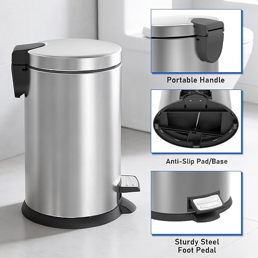 SIMPLYKLEEN Bathroom Trash Can with Lid - 2PC 1.3 Gallon/5L Oval Small Trash Can with Soft-Close Lid, Foot Pedal, Brushed Stainless Steel, Removable Liner, Garbage can for Kitchen, Office, Home Silver
