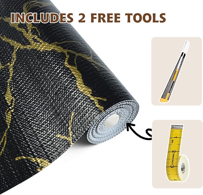 2-Layer Drawer and Shelf Liner for Kitchen Cabinet: 12in X 30Ft Non Slip Waterproof Shelf Paper Non Adhesive Refrigerator Liners Black/Gold Marble Easy Liners for Bathroom with Knife Tape Measure