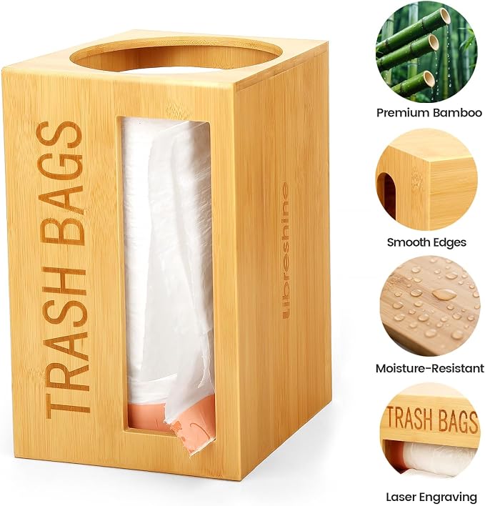 Libreshine Bamboo Garbage Bag Dispenser Roll Holder - Wall Mount Trash Bag Organizer for 13-33 Gallons, Under Sink Kitchen Grocery Bag Storage Container, Not Suitable for Large Roll