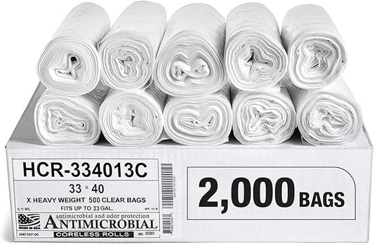 Aluf Plastics High Density Trash Bags, 33 Gallon, 2000 Count, 13 Micron (eq), 33" x 40", Clear, for Bathroom, Office, Industrial, Commercial, Janitorial, Municipal, Recycling