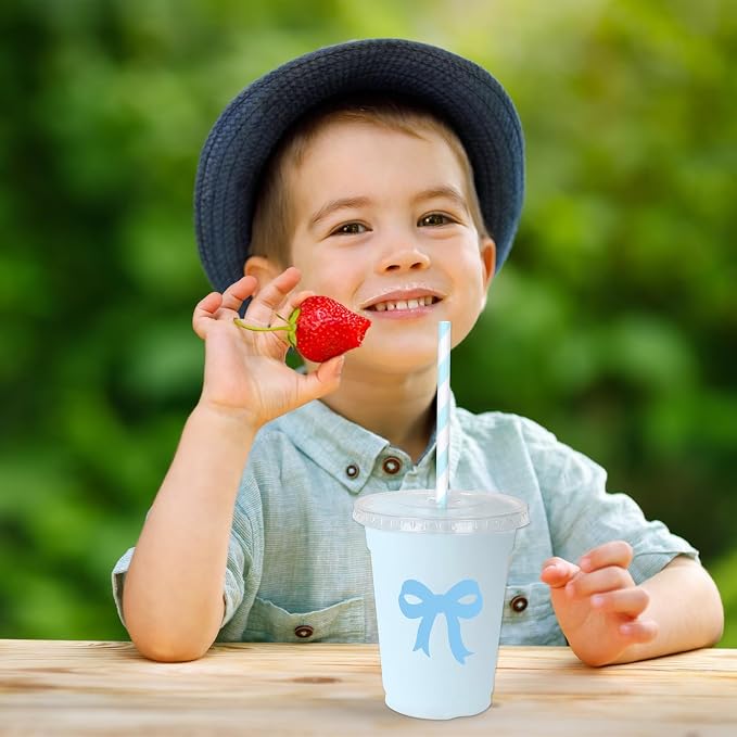 Whaline 50 Pcs Bow Disposable Plastic Cups with Lids and Straws 12 Oz Blue Bow Knot Cold Beverage Drinking Cups