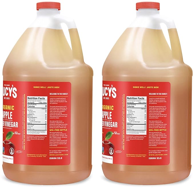 Lucy's Family Owned - USDA Organic NonGMO Raw Apple Cider Vinegar, Unfiltered, Unpasteurized, With the Mother, (2 Pack Gallon)