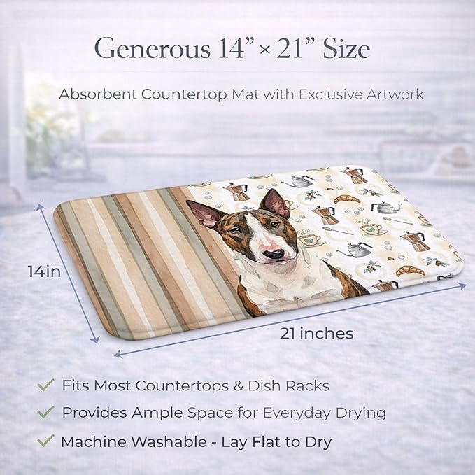 Caroline's Treasures Brindle and White Bull Terrier Coffee Bar Dish Drying Mat Absorbent Dish Drying Mat Pad for Kitchen Counter Dish Drainer Mat for Countertop, 14 x 21", Multicolor