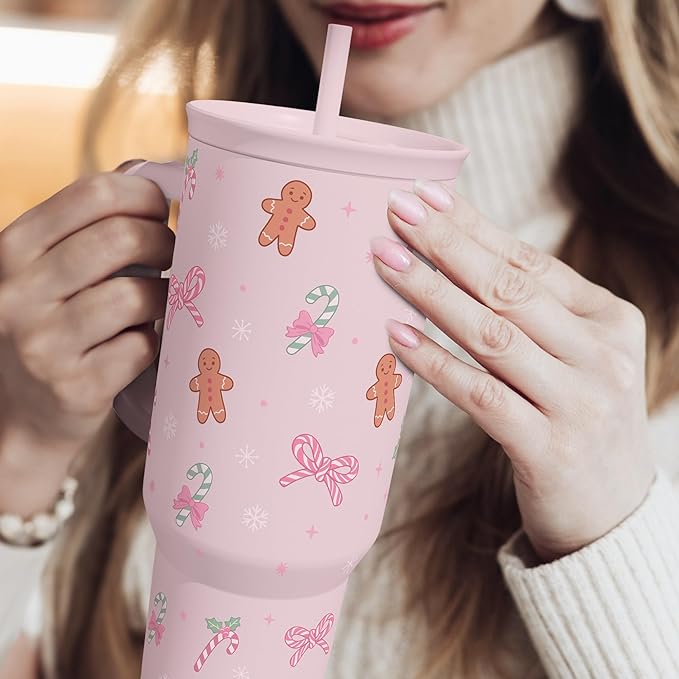SANDJEST Christmas Theme 40oz Slider Tumbler with Handle and Straw - Insulated Stainless Steel Travel Coffee Mug for Women Girls, Gift for Birthday Xmas