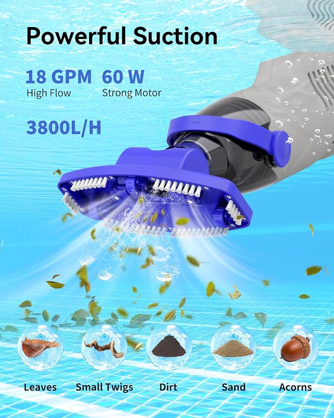 Handheld Pool Vacuum Cordless, 36.8Kpa Rechargeable Hot Tub Vacuum with 60Min Runtime, Spa Vacuum & 300/500 Mesh Filter Bags for Above Ground Pool, Spa & Hot Tub, Gray