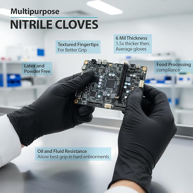 Black 6 Mil Nitrile Gloves HEAVY DUTY Disposable Chemical Resistant Latex & Powder Free,Food, Mechanic,Cleaning Gloves