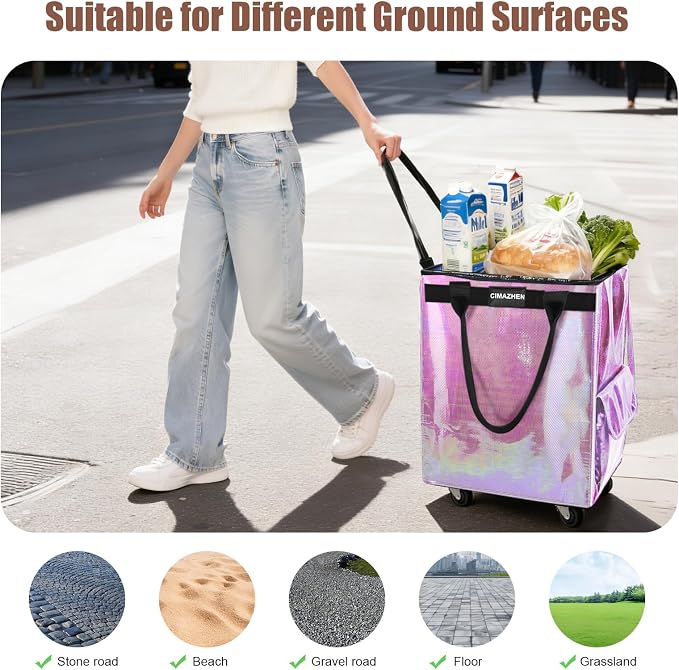 (Medium,Mermaid) Reusable Grocery Bag on 4 Wheels, 70L Foldable Rolling Tote Bag with 3 Handles and Zipper, Rolling Shopping Cart for Groceries, Storage, Laundry, Travel, Organizer, 76lb