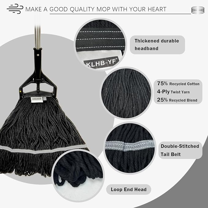 Commercial Cotton Mop Heavy-Duty Industrial with 2 Replacement Heads 152 cm Handle Replacement mop Head (Black)