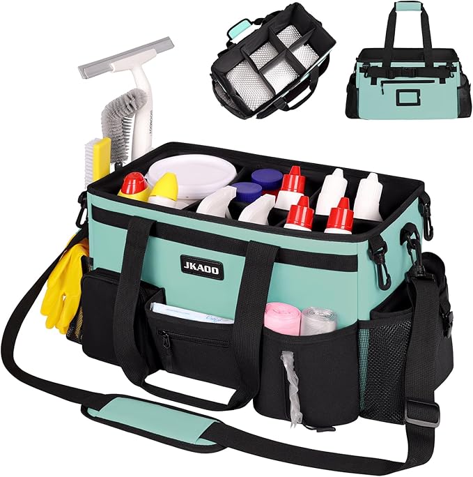 JKAOO Large Wearable Cleaning Caddy Bags, Cleaning Supplies Storage Bag with Handles and Adjustable Shoulder Strap and Removable Waist Straps,Waterproof Cleaning Tote for Home,Car,Office