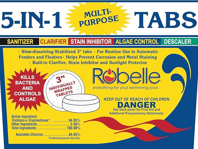 Robelle 10-Pounds Premium 5-in-1 Multi-Purpose Tabs, Chlorine Tablets 3 Inch, Sanitizer, Clarifier, Stain Inhibitor, Algae Control, Descaler, Sunlight Protector All in One, Made in USA