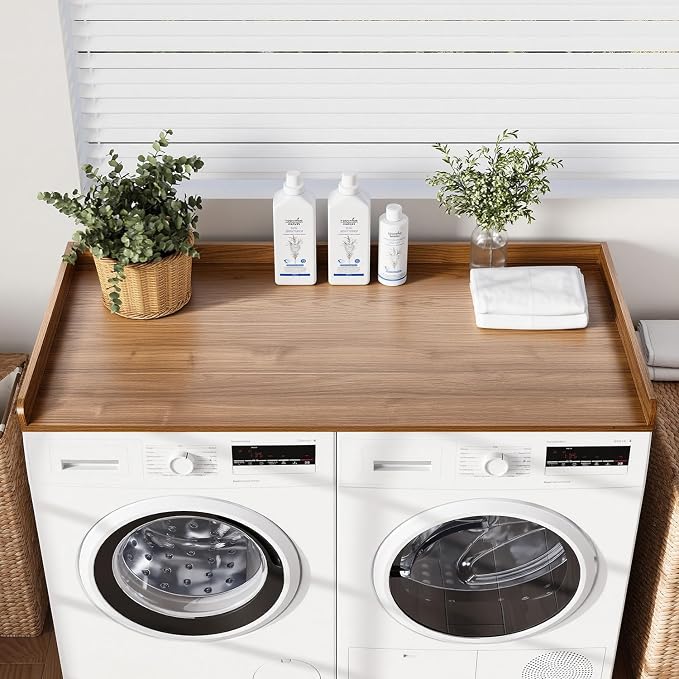 Fivesun Washer Dryer Countertop, 27.5" x 54“ Wood Washer and Dryer Countertop with Edge Rails for Laundry Room Organization and Storage, Dark Walnut