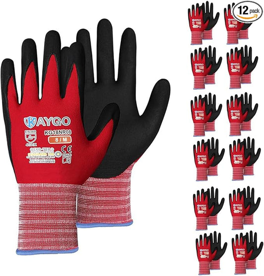 KAYGO Safety Work Gloves MicroFoam Nitrile Coated, 12 Pairs KG18NB,Seamless Knit Nylon Glove for Men and Women, Ideal for Automotive,Warehouse,Construction (M,Red)
