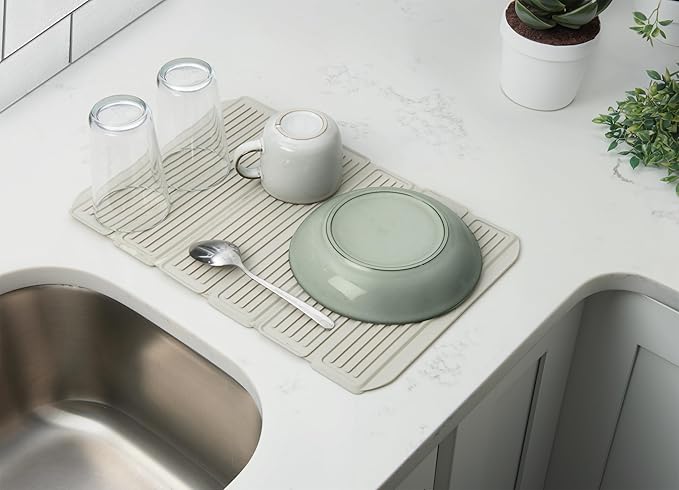 CLOROX KeptClean Interlocking Non-Slip Dish Drying Mat – Flexible, Foldable, Durable, Quick-Dry Mat, Interlocking Panels for Various Drying Elevations, Folds Compact for Storage - Almond Cream