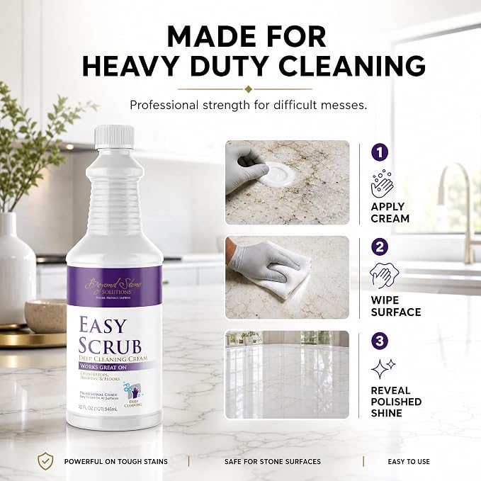 Stone Cleaner and Polish That Restores Shine, Deep Cleaning Cream for Quartz, Marble & Quartzite Countertops, Travertine Cleaner & Stone Shower Cleaner, Removes Buildup, Water Spots & Grease, 32 oz