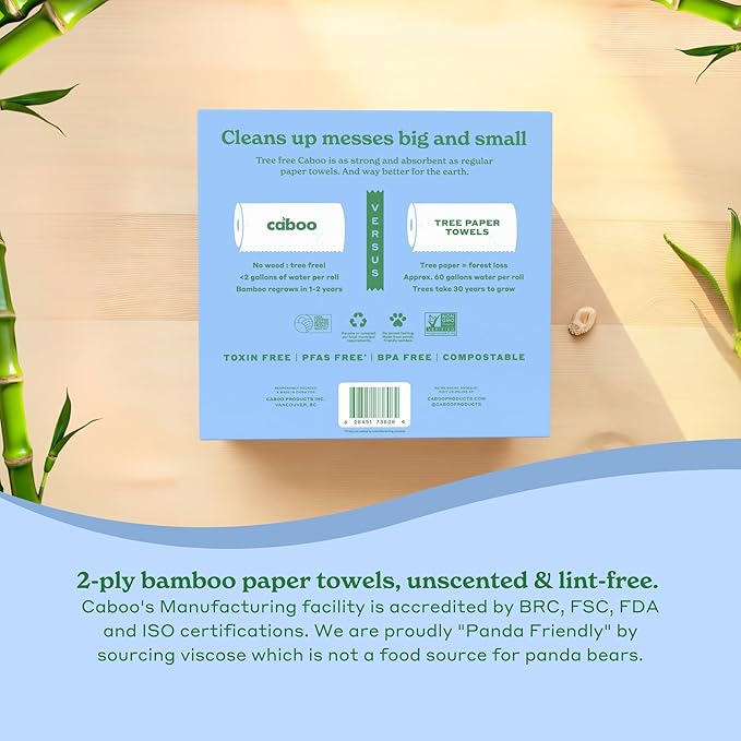 Caboo Tree Free Paper Towels, 6 Rolls, Plastic Free & Eco Friendly, Earth Friendly, Sustainable Kitchen Paper Towels with Strong 2 Ply Sheets