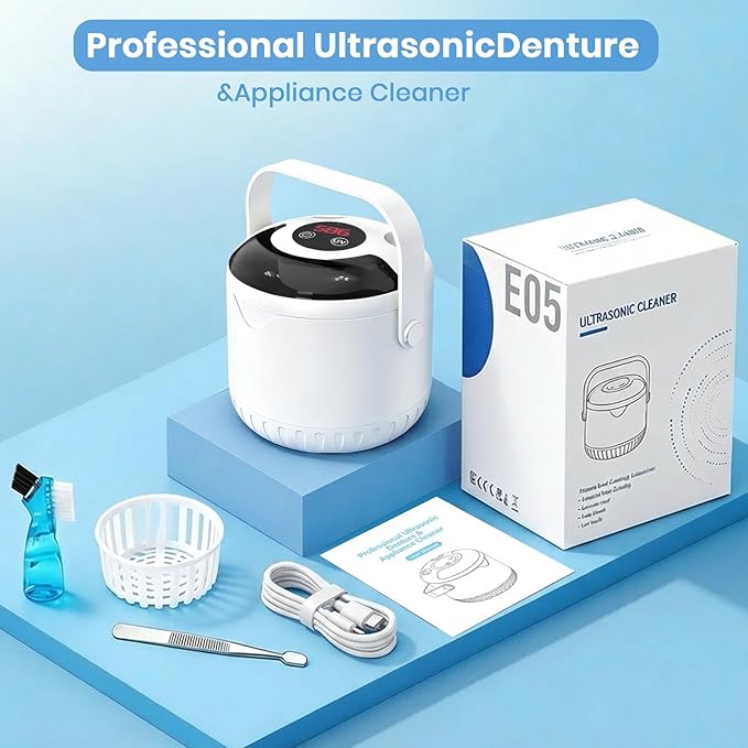 Ultrasonic Retainer Cleaner Machine, Upgraded Handle Design, 45kHz for Dentures, Night Guards, Aligners & Jewelry, Digital Timer Deep Cleaning (White)